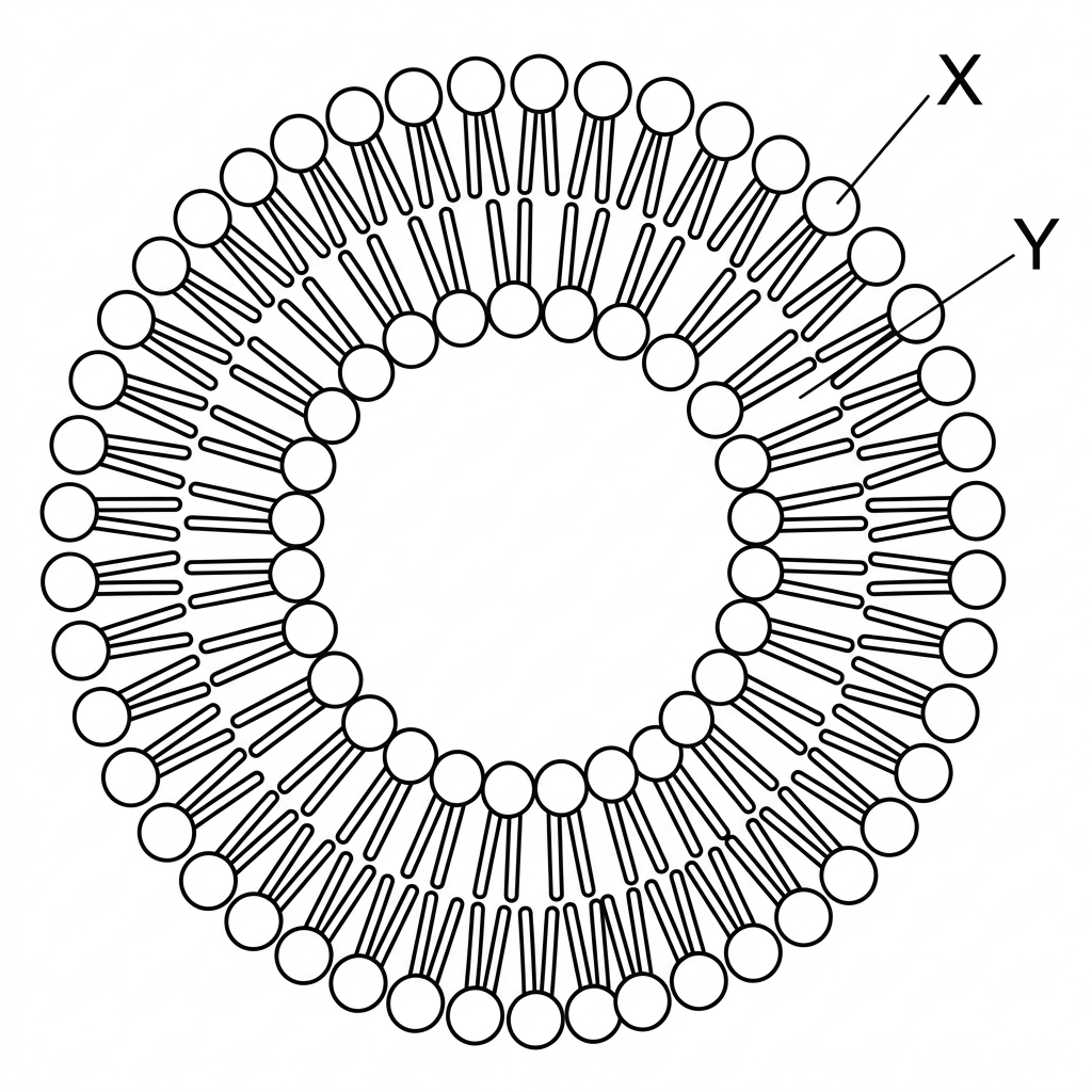 A cross-section of a spherical liposome with phospholipid heads facing the outside water and internal aqueous cavity, tails facing inward between the head layers; labels X and Y point to head and tail regions without naming them.