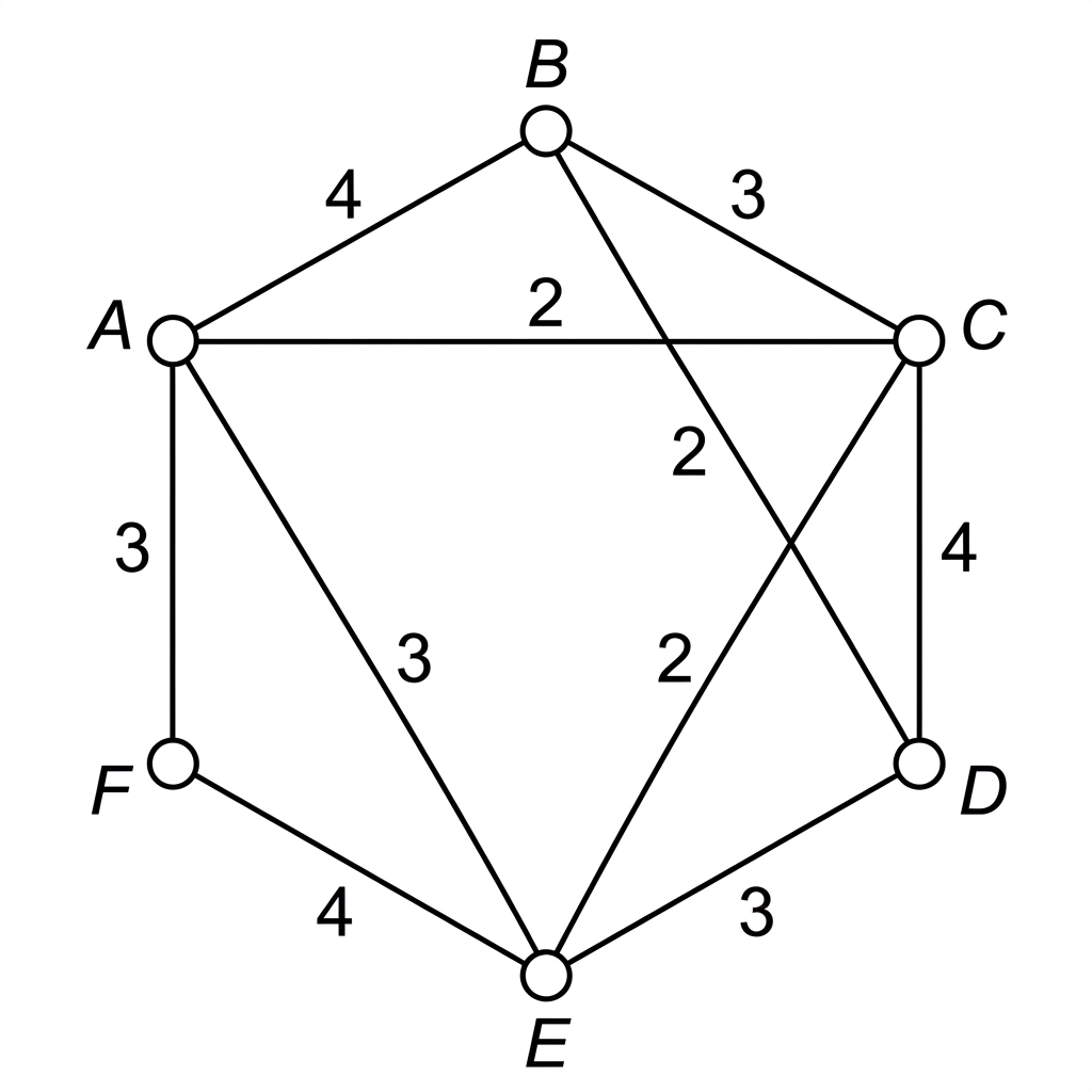 A weighted undirected road network on six labelled junctions, with a hexagonal outer route and the four additional internal roads.