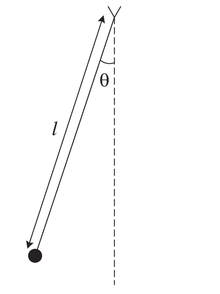 A simple pendulum diagram showing a small bob suspended by a light string from a fixed pivot. The string length is labelled l from pivot to the centre of the bob. A dashed vertical equilibrium line is shown, with a small angular displacement of the string from the vertical labelled as theta. The arc of motion is indicated but no numerical answer is shown.