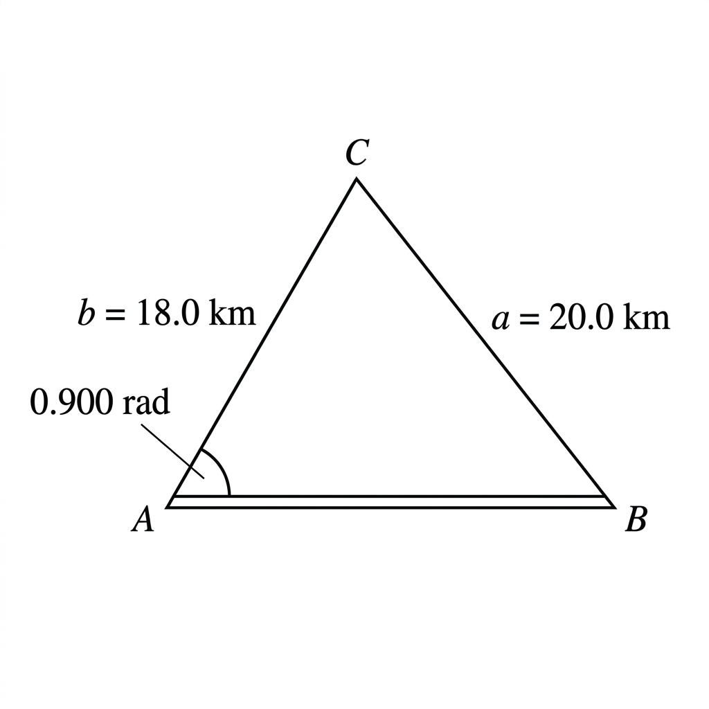 A triangulation diagram showing two ground stations, a drone, the known angle, the opposite side and the side whose measured length may vary.