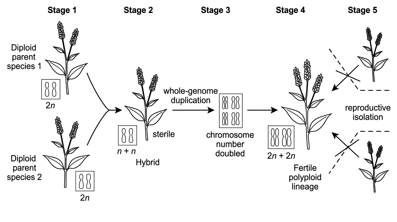 Stepwise diagram of allopolyploid speciation in *Persicaria*: two diploid parent species, sterile hybrid, whole-genome duplication, fertile polyploid lineage, and reproductive isolation from parent species.