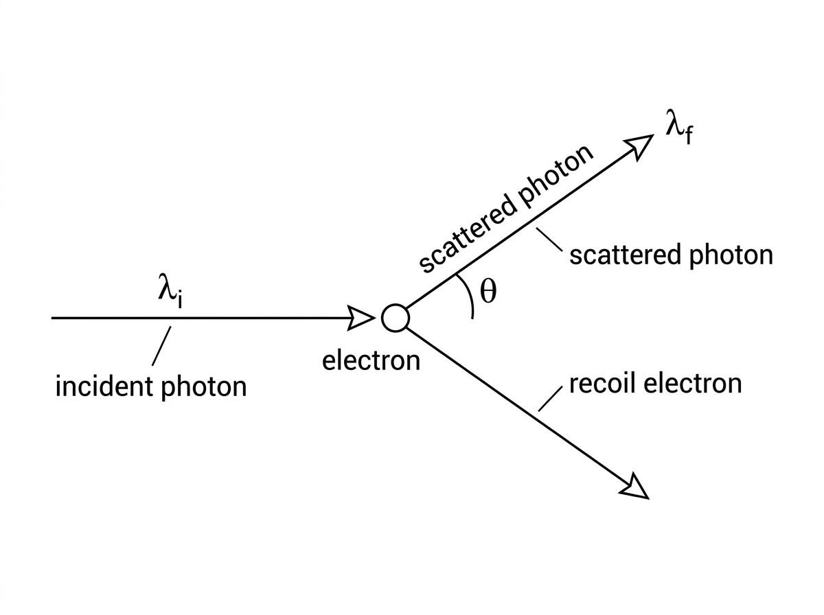 A Compton scattering diagram showing an incident X-ray photon approaching a target electron, a scattered photon leaving at angle $\theta$ to the original direction, and a recoil electron leaving in another direction. Labels include incident photon wavelength $\lambda_i$, scattered photon wavelength $\lambda_f$, recoil electron and scattering angle $\theta$.