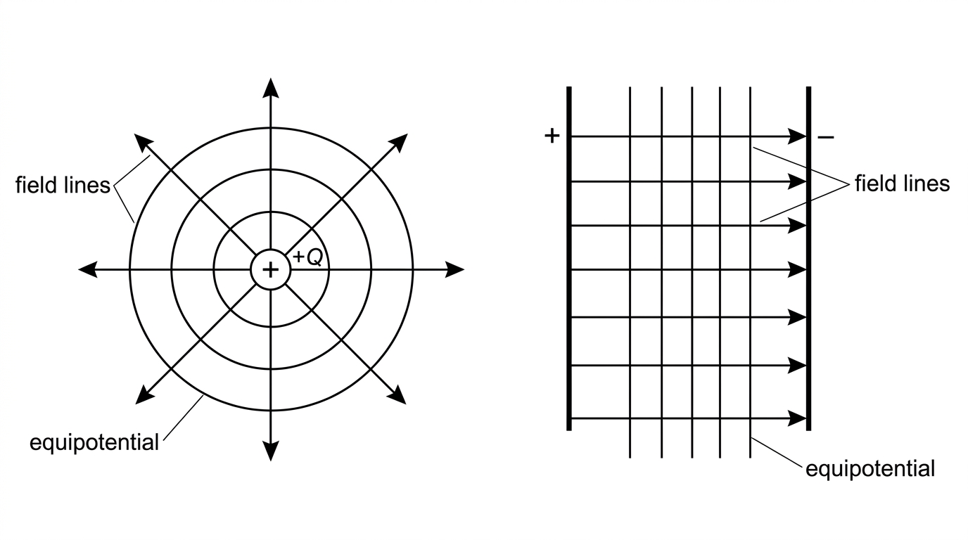 Side-by-side schematic: a single positive point charge with concentric equipotentials and radial field lines; parallel oppositely charged plates with parallel equipotentials and uniform field lines in the central region.
