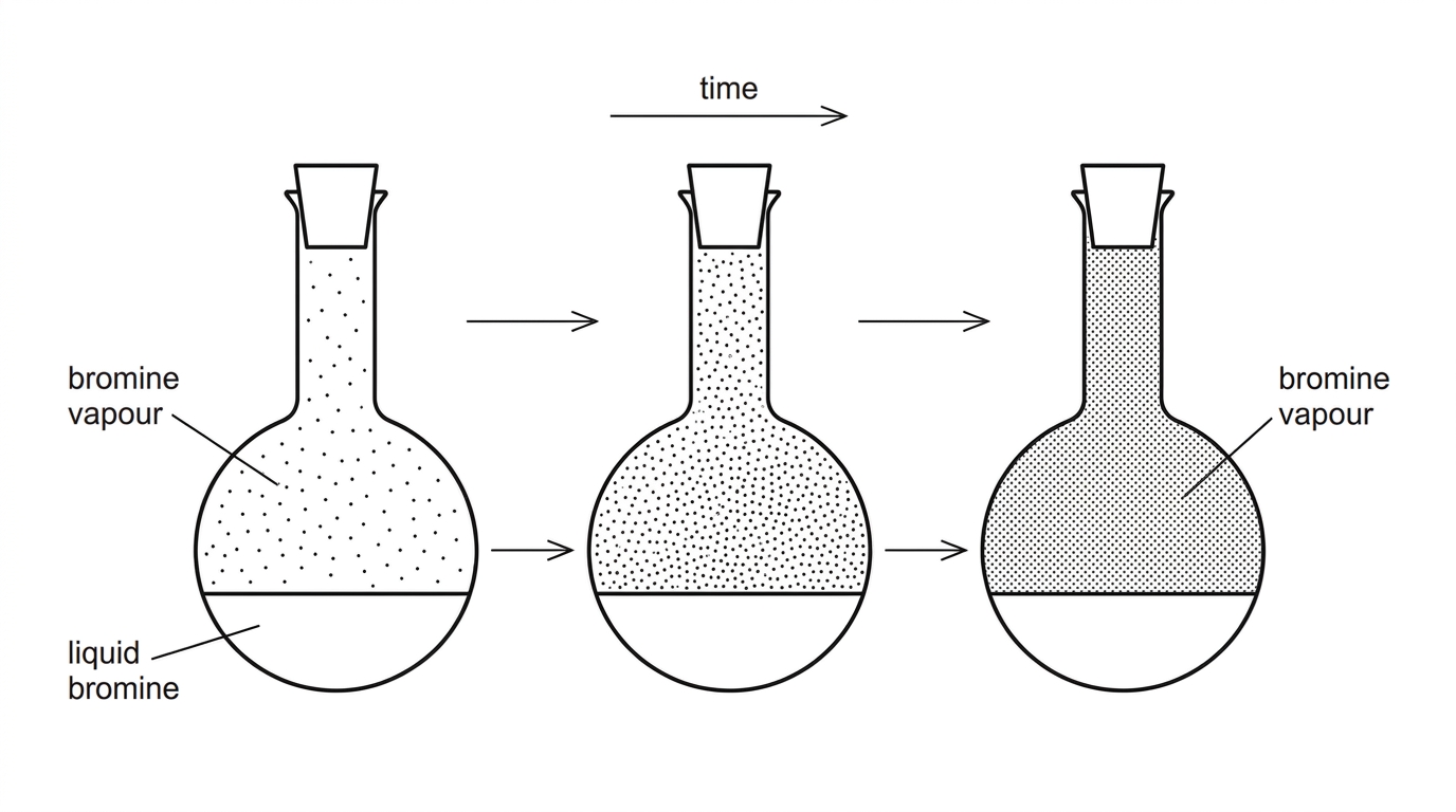 A sealed flask containing liquid bromine at the bottom and brown bromine vapour above it, with a time sequence indicating increasing then constant vapour colour intensity without showing particle-rate labels.