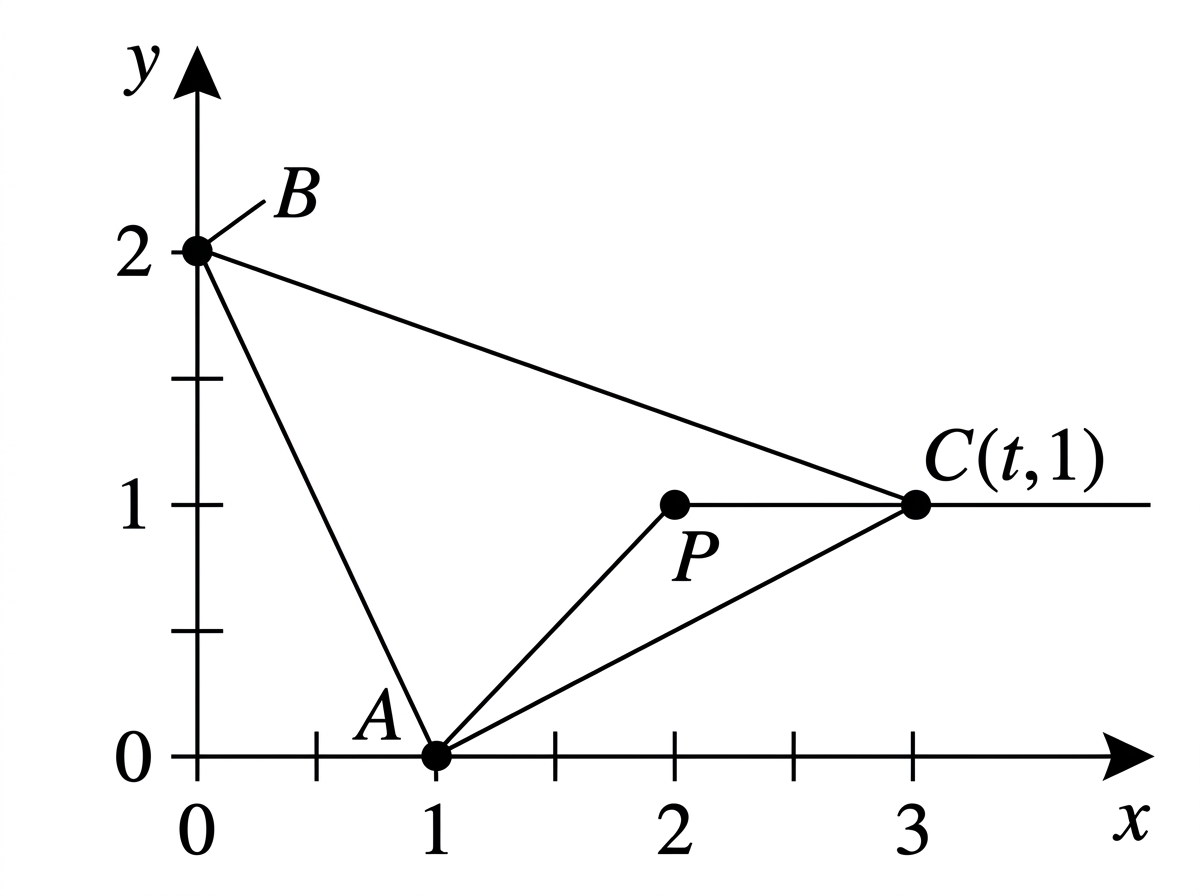 A genuinely schematic coordinate diagram showing labels $A$, $B$, $C(t,1)$, and $P$ without assigning a numerical position to $C$ or $P$; no triangle, collinearity, or interior relationship is shown. The diagram is illustrative only and does not encode any particular part.