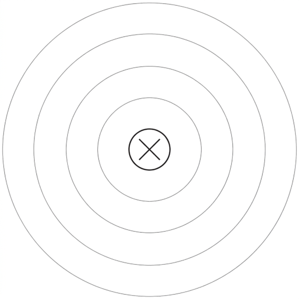 A cross-section diagram of a straight wire represented by a circle with a cross symbol at its centre, indicating conventional current into the page. Several blank circular guide paths may be lightly shown around the wire without arrowheads.