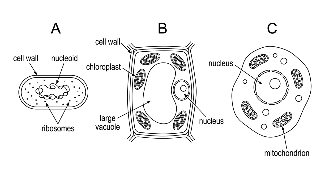 An IB-style electron micrograph composite showing one small prokaryotic cell with wall, nucleoid and ribosomes; one plant cell with wall, chloroplast and large vacuole; and one animal cell with nucleus, mitochondria and irregular outline; labels A, B and C and several structure arrows.