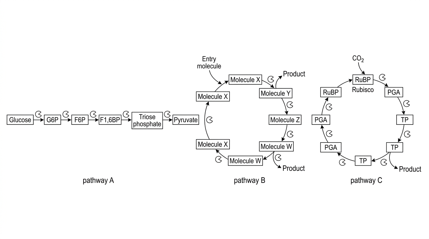 Three pathway diagrams labelled pathway A, pathway B and pathway C. One shows a straight sequence from glucose through several intermediates to pyruvate. One shows a circular sequence of carbon compounds with an entry molecule joining and products leaving. One shows a circular pathway in photosynthetic carbon fixation with regeneration of a starting acceptor molecule. Enzyme symbols appear beside each step, but the diagrams do not label the pathways as linear or cyclical.