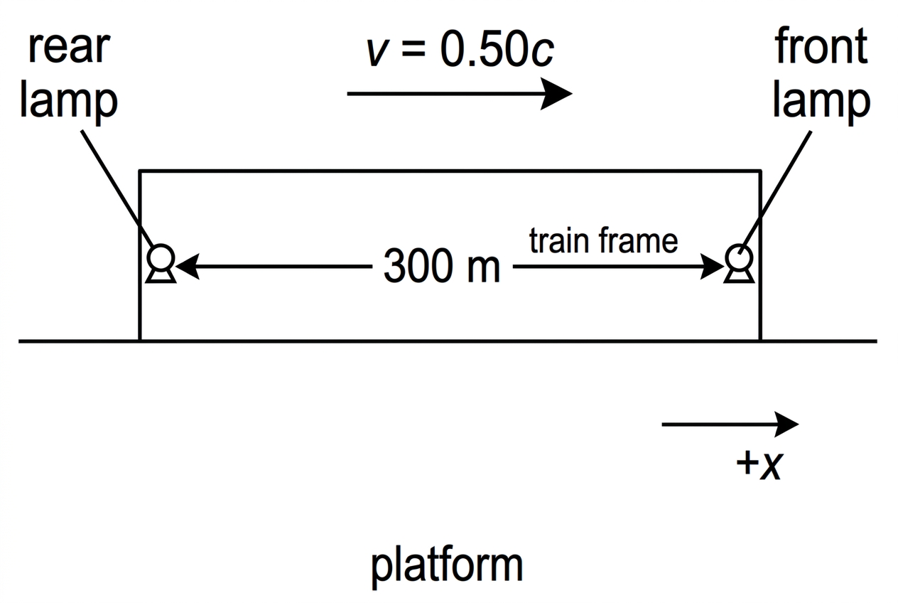 A simple side-view diagram showing a train moving to the right along a platform. The rear and front lamps are labelled on the train, with a double-headed arrow between them labelled as the separation in the train frame. A velocity arrow shows the train moving in the positive x-direction relative to the platform. No timing order is indicated.