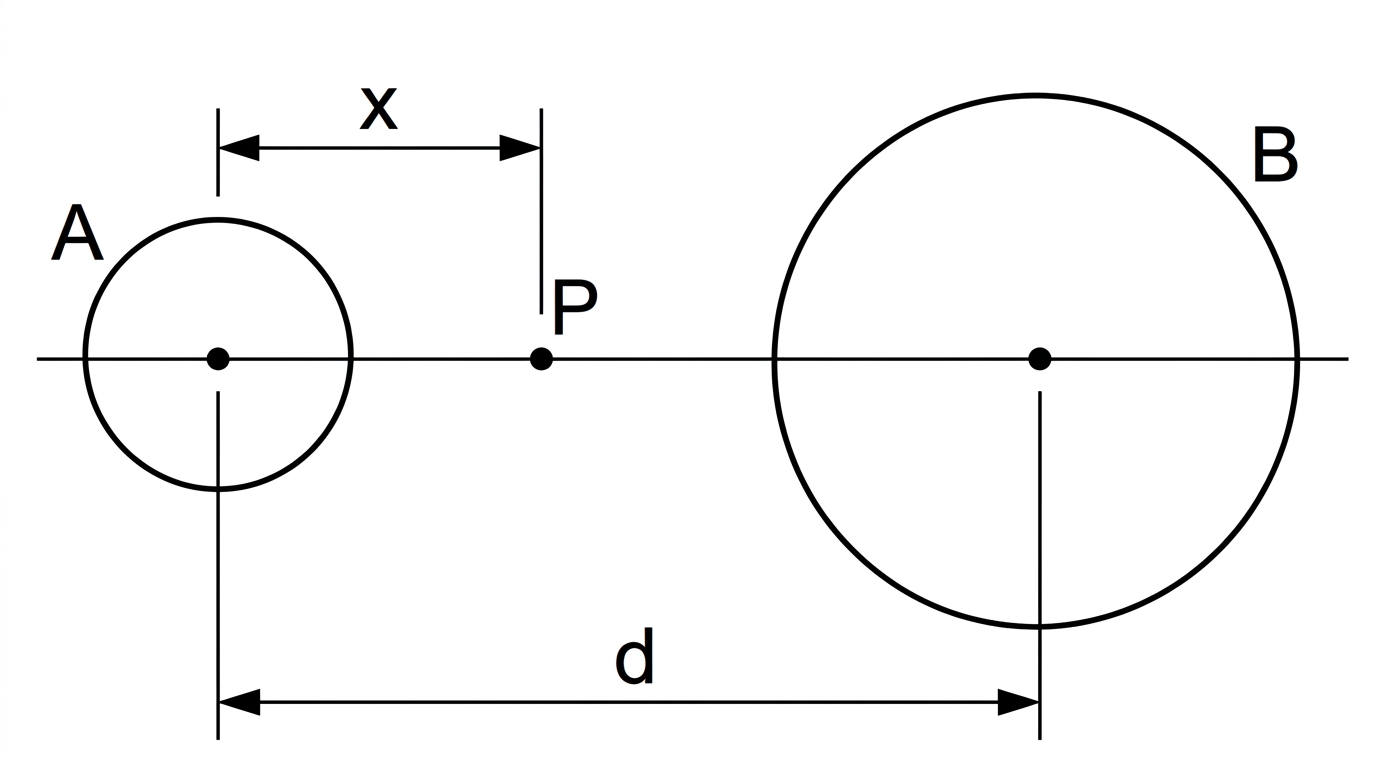 A simple line diagram showing two spherical masses labelled A and B, with centre separation d, and a point P between them at distance x from A.
