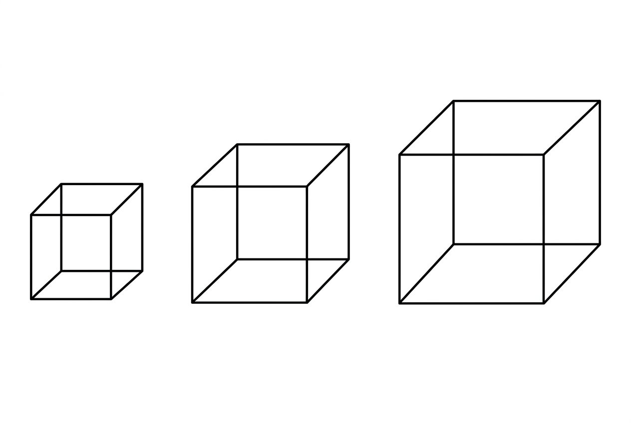 Three unlabelled cube models of the same material shown side by side, increasing in side length from left to right. The cubes should be simple geometric solids with no numerical values shown. The visual should communicate same shape but increasing scale.