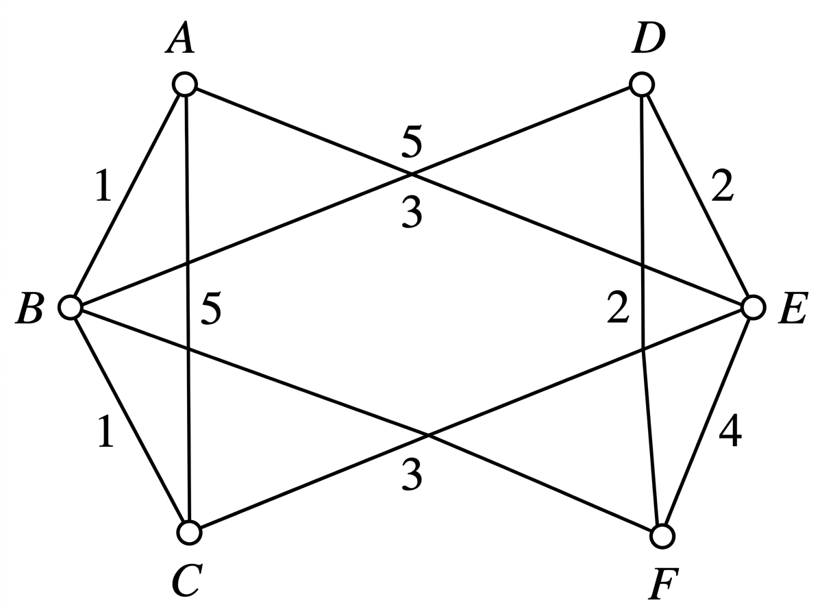 A weighted undirected graph with six labelled vertices A to F, including a triangular subgraph on A, B and C and weighted connections from this subgraph to D, E and F.