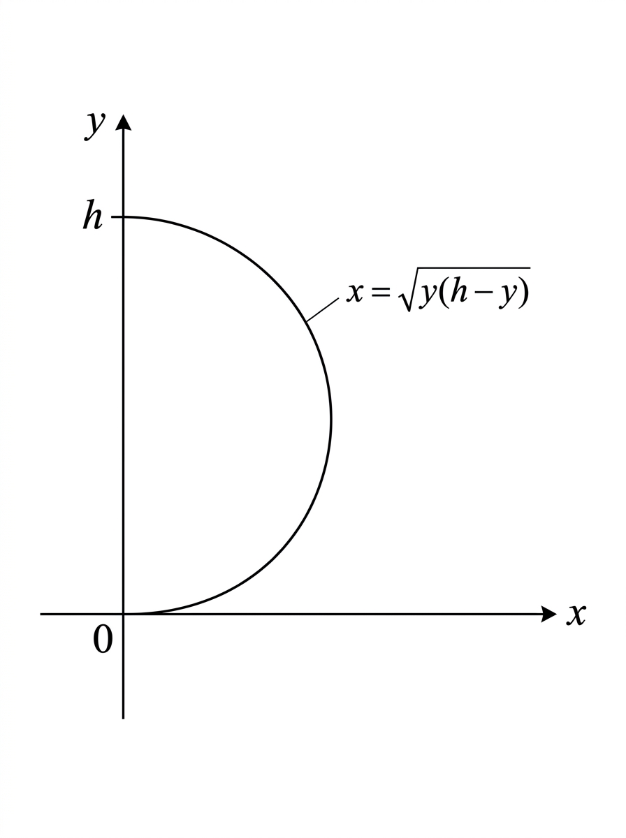 A right semicircular profile in the xy-plane, bounded by the y-axis and x = square root of y times h minus y, with endpoints at y = 0 and y = h.