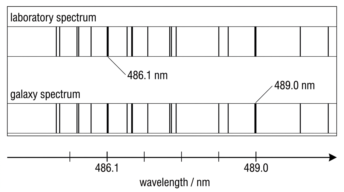 A comparison of a laboratory absorption spectrum and a galaxy absorption spectrum with the same line pattern shifted to longer wavelengths; the 486.1 nm line and its observed shifted position are labelled.