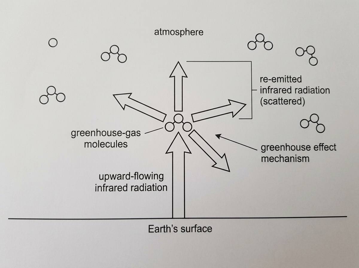 A molecular-level diagram showing outgoing infrared radiation from Earth's surface interacting with trace greenhouse gas molecules in the atmosphere. Show absorption followed by re-emission in several directions, labelled "re-emitted infrared radiation" and without indicating that all radiation returns to the surface.