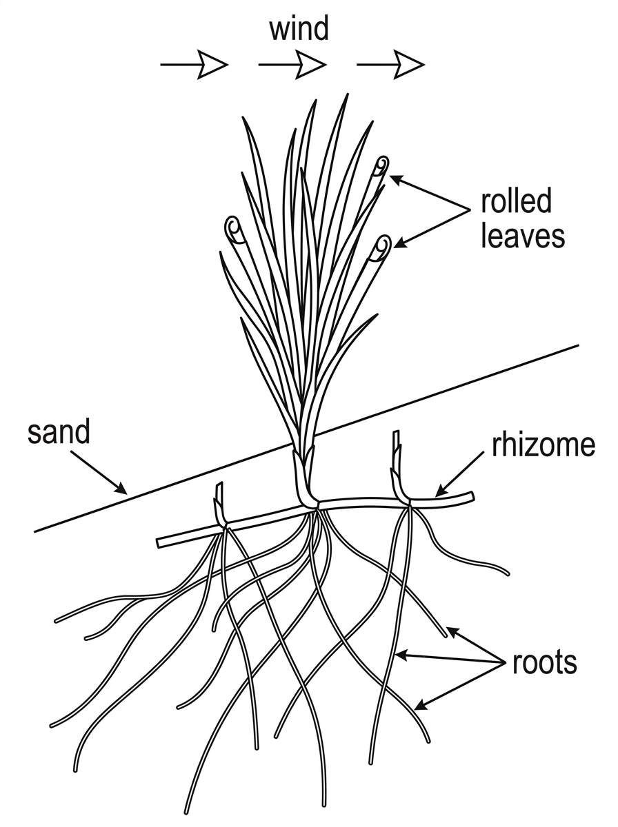 A labelled diagram of a marram grass plant growing in a sand dune, showing narrow rolled leaves above the sand surface, long spreading roots below the surface, and horizontal rhizomes within the sand. The diagram should show wind exposure and dry, loose sand but should not label the adaptive advantages.