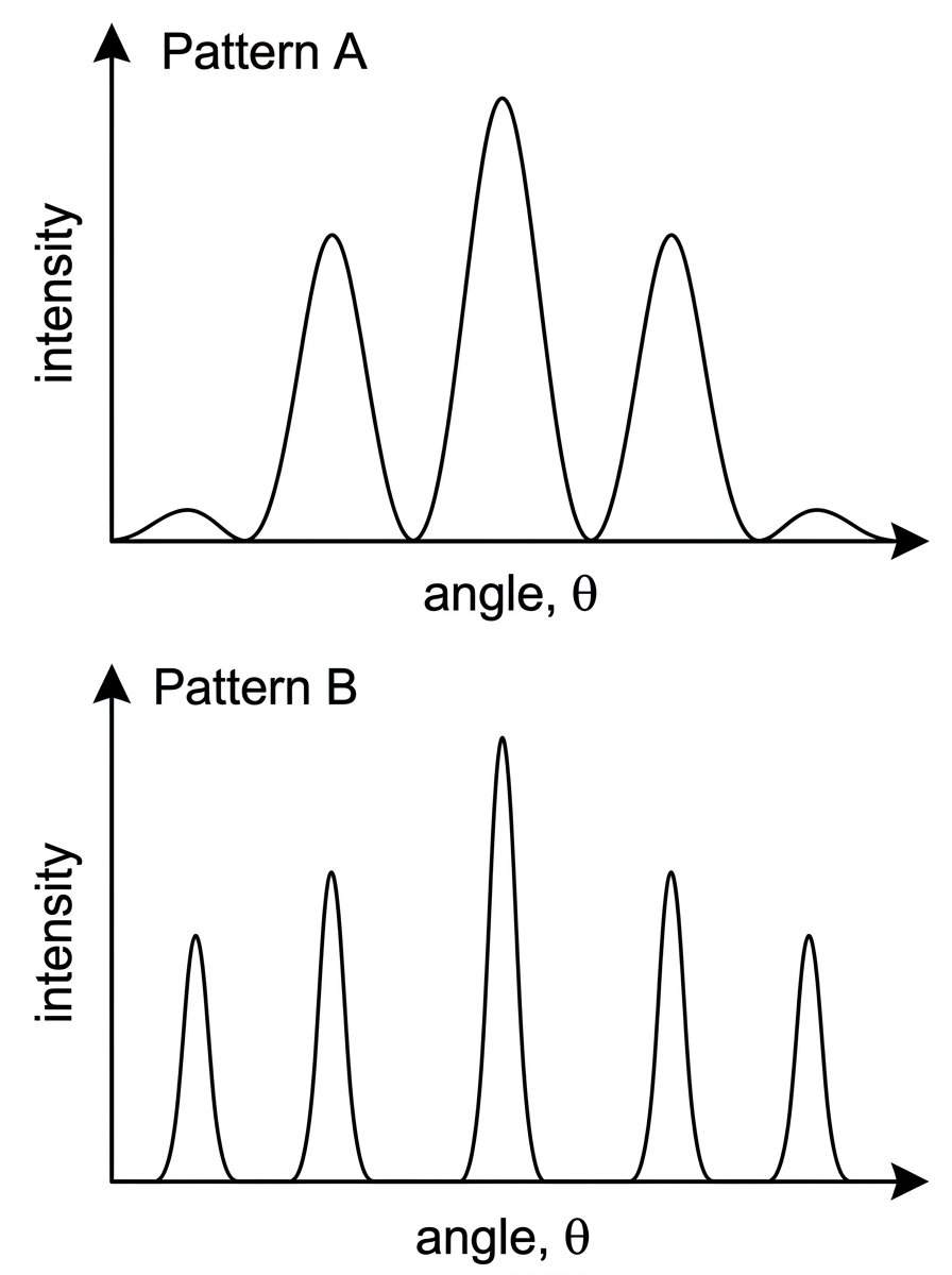 Two qualitative intensity-against-angle graphs labelled Pattern A and Pattern B. Both have principal maxima at the same angular positions. Pattern B should be drawn with noticeably narrower and taller principal maxima than Pattern A, without numerical intensity scales.