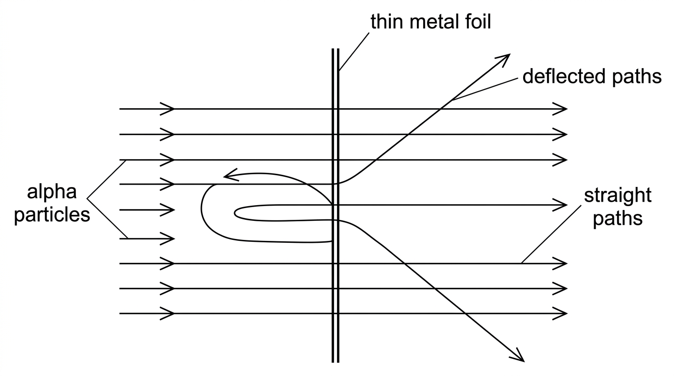 A simple diagram of alpha particles approaching thin metal foil with most paths straight through and a few paths deflected or reflected; labels for alpha particles, foil, straight paths and deflected paths.
