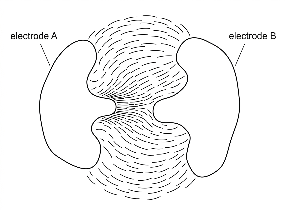 Qualitative field-pattern diagram between two oppositely charged irregular electrodes in oil, with field lines/particle chains denser in one narrow gap and more spread out elsewhere; electrodes labelled but not with answer text.