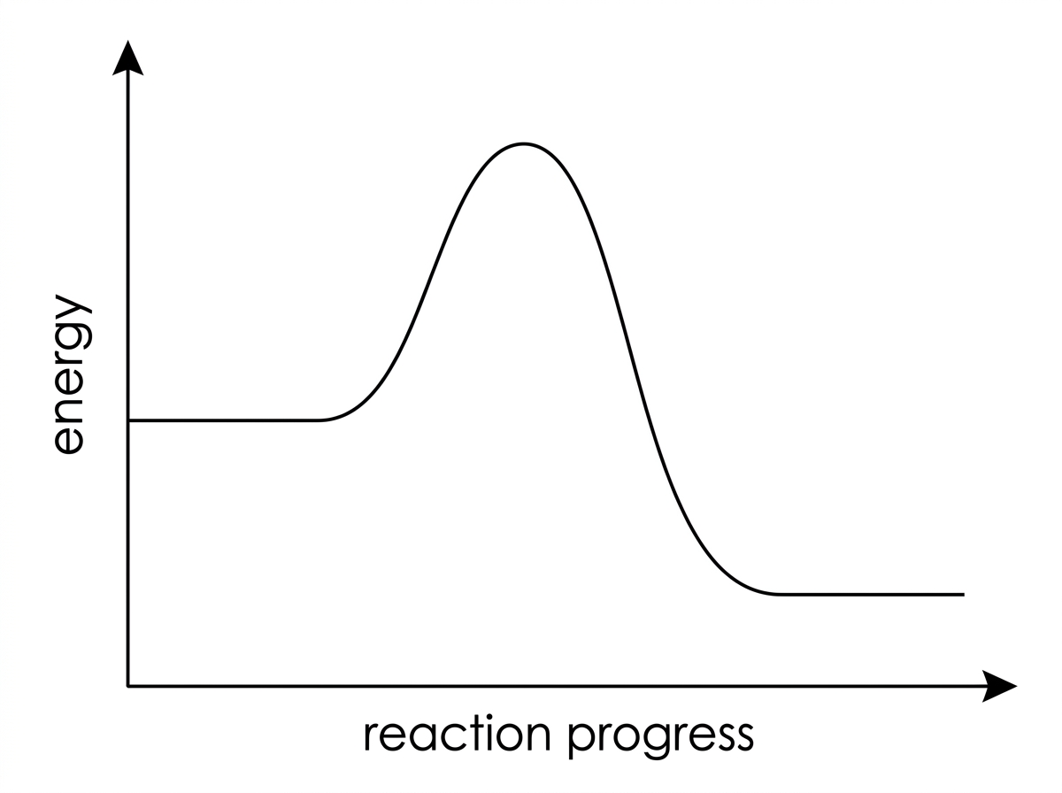An energy profile diagram for an uncatalysed exothermic reaction. The vertical axis is labelled energy and the horizontal axis is labelled reaction progress. Reactants are shown at a higher energy than products, with one high peak between them. The diagram has space for additional labels and for a second catalysed curve to be sketched.