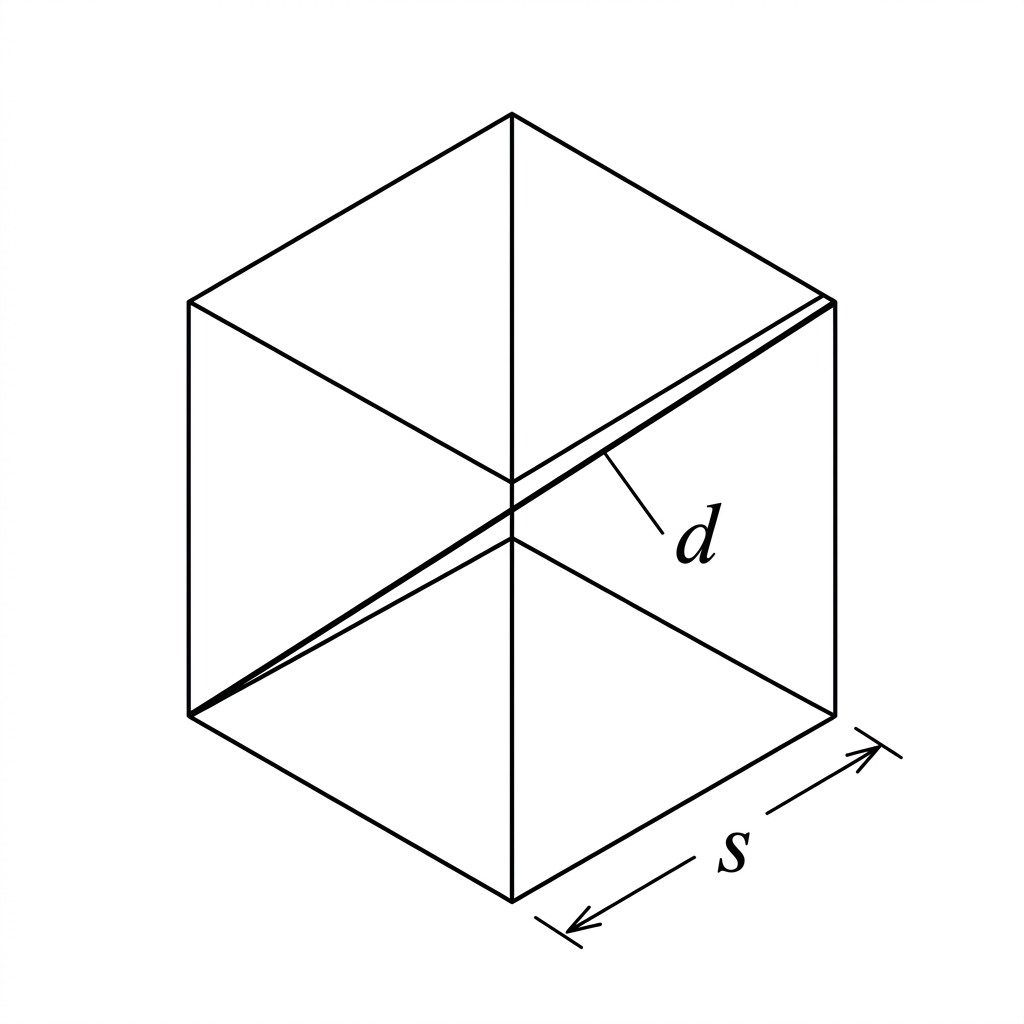 A cube labelled with side length s and a space diagonal d joining opposite vertices.