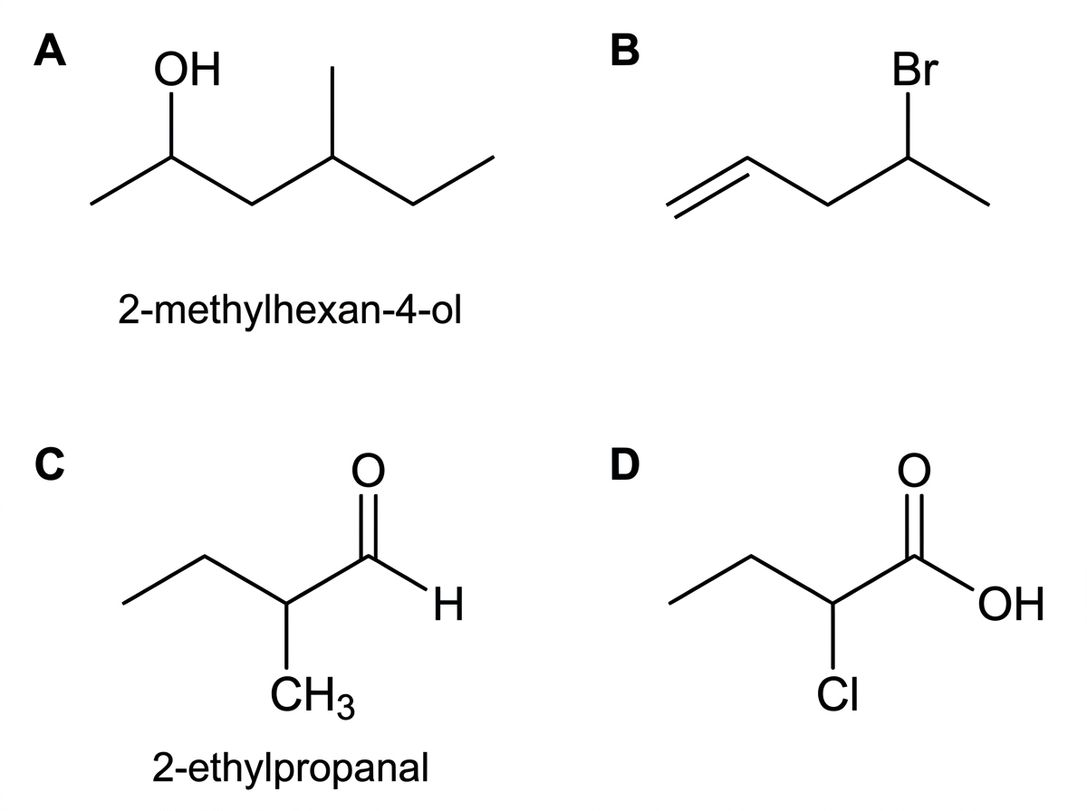 Four separate skeletal or condensed structural formulas labelled A, B, C and D. A is a six-carbon chain alcohol with the hydroxy group on carbon 2 and a methyl branch on carbon 4. B is a five-carbon alkene with a terminal double bond at the left end of the chain and a bromo substituent on carbon 4. C is a branched aldehyde with a four-carbon parent chain and a methyl substituent on carbon 2. D is a four-carbon carboxylic acid with a chloro substituent on carbon 2. Student names written below the structures include one incorrect locant for A and one incorrect parent chain for C, but the structure itself is unambiguous.