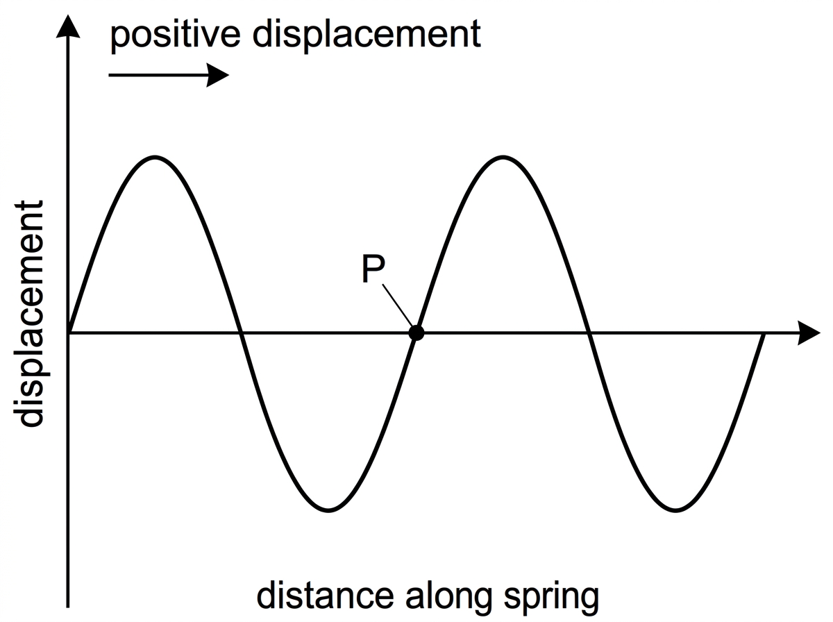 A sinusoidal displacement–distance graph for a longitudinal wave with a labelled point P at a zero crossing. The sign convention positive displacement to the right must be shown. Neighbouring regions should be interpretable from graph slope.