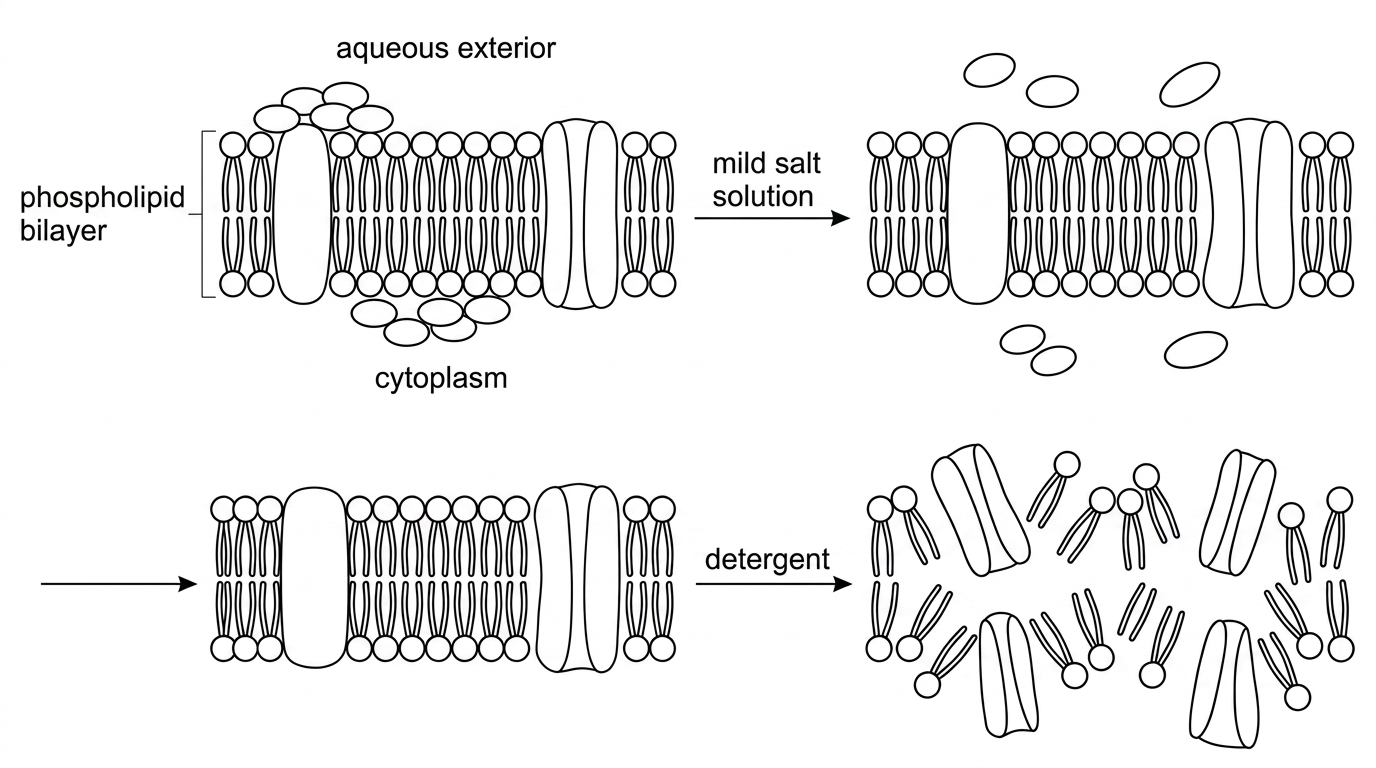 A two-stage schematic of a membrane protein extraction experiment. The first panel shows a phospholipid bilayer with peripheral proteins on one surface and integral/transmembrane proteins embedded in the bilayer. An arrow labelled mild salt solution leads to a second panel where surface-attached proteins are separated. A further arrow labelled detergent leads to a final panel where embedded proteins are released with disrupted phospholipids. Labels identify aqueous exterior, cytoplasm, bilayer and protein locations, but do not label proteins as integral or peripheral.