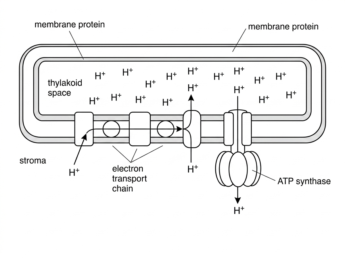 A cross-section schematic of a thylakoid membrane showing the thylakoid space, stroma, electron carriers in the membrane, ATP synthase, and the direction of proton movement. The diagram should show a higher proton concentration in the thylakoid space than in the stroma without revealing the full written explanation.