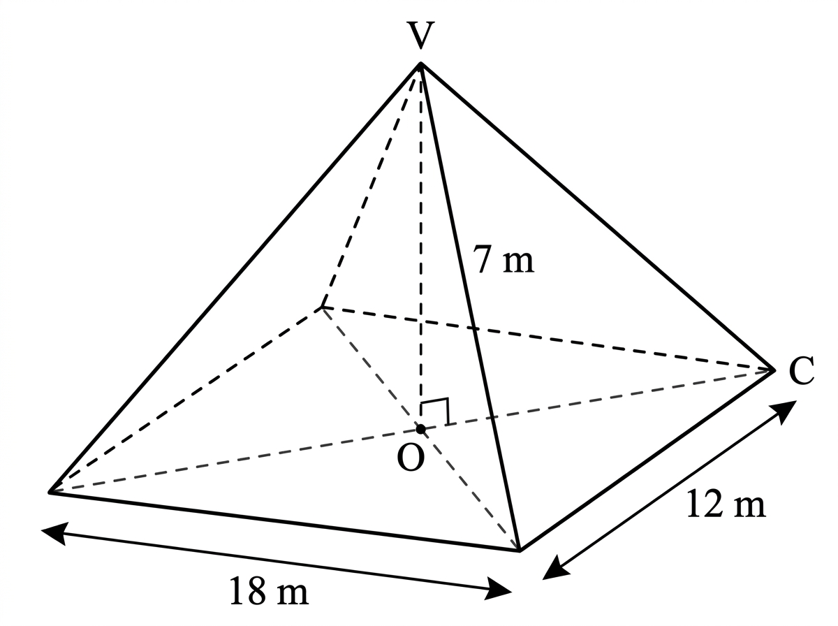 A right rectangular pyramid with rectangular base labelled $18\text{ m}$ by $12\text{ m}$. The centre of the base is labelled $O$ and the vertex vertically above it is labelled $V$. A slant edge from $V$ to a corner and a dashed perpendicular height $VO$ are shown. The label $7\text{ m}$ is placed clearly beside the dashed segment $VO$, not beside a slant edge.