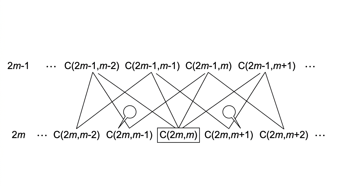 Rows of Pascal's triangle near an even-numbered row, with the central entry of the even row highlighted and the two adjacent entries indicated.