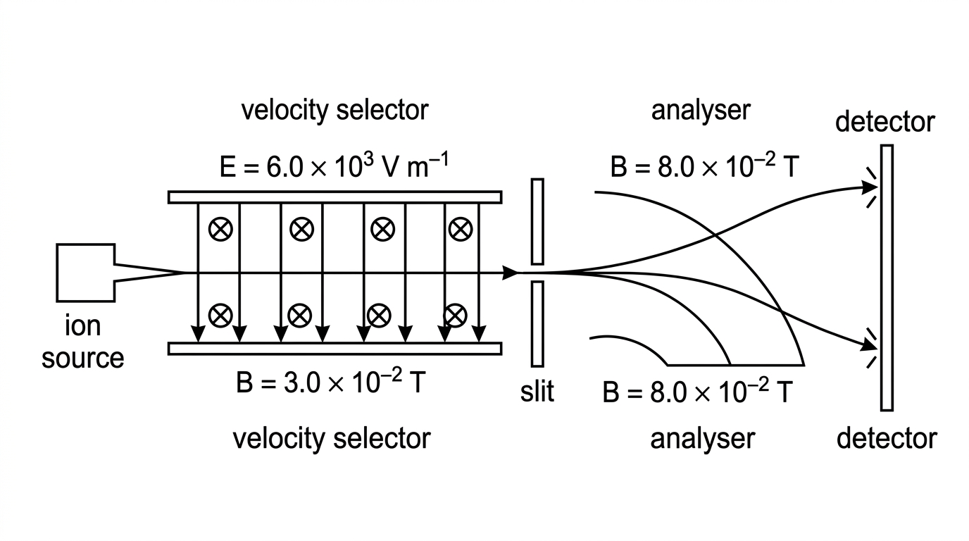 Schematic of a mass spectrometer with a velocity selector followed by a separate magnetic analyser region. The selector shows perpendicular electric and magnetic fields and a straight-through slit. The analyser shows the magnetic field out of the page (dots), so the positively charged ions curve downward to two possible positions on a detector, but without labels identifying the isotope.
