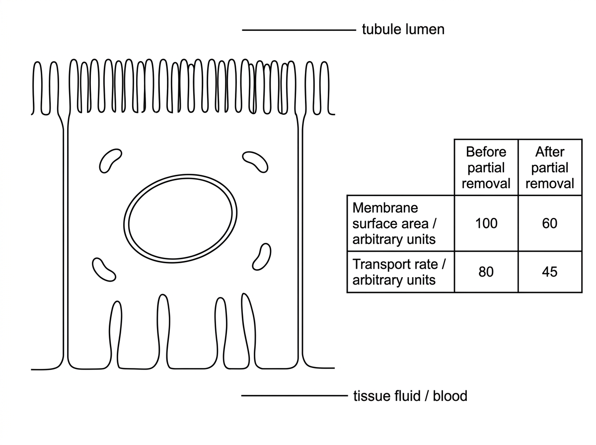 An annotated transmission electron micrograph-style diagram of a proximal convoluted tubule epithelial cell. The apical surface facing the tubule lumen must show many microvilli, and the basal surface facing tissue fluid must show membrane infoldings. Include a small data table comparing membrane surface area and transport rate before and after partial loss of these structures.