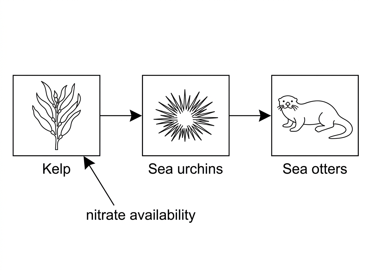 A simple food-chain diagram with arrows from kelp to sea urchins to sea otters. A separate label indicates nitrate availability as an abiotic resource for kelp. The diagram should not state whether control is top-down or bottom-up.