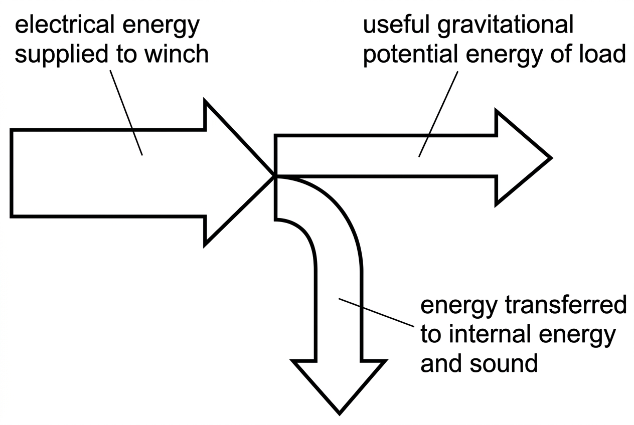 A Sankey diagram for an electric winch. A single input arrow enters from the left labelled electrical energy supplied to winch. One output arrow continues horizontally to the right labelled useful gravitational potential energy of load. A second arrow branches downward labelled energy transferred to internal energy and sound. The useful arrow is visibly narrower than the input arrow, and the two output widths together equal the input width. No numerical values are shown.