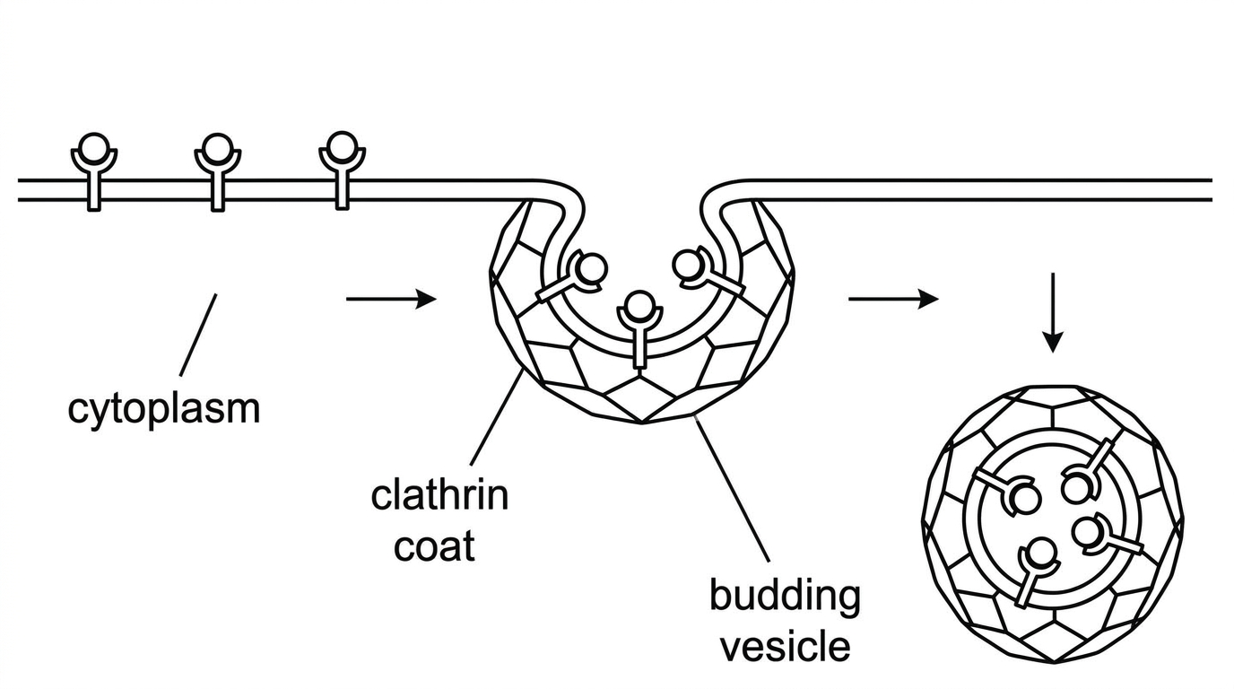 A sequence diagram of clathrin-mediated vesicle formation at a plasma membrane. Show cargo bound at the membrane, clathrin units assembling on the cytoplasmic side, membrane curvature into a coated pit, pinching off of a coated vesicle and movement of the vesicle inward. Use labels for clathrin coat, budding vesicle and cytoplasm, without stating clathrin's function in text.