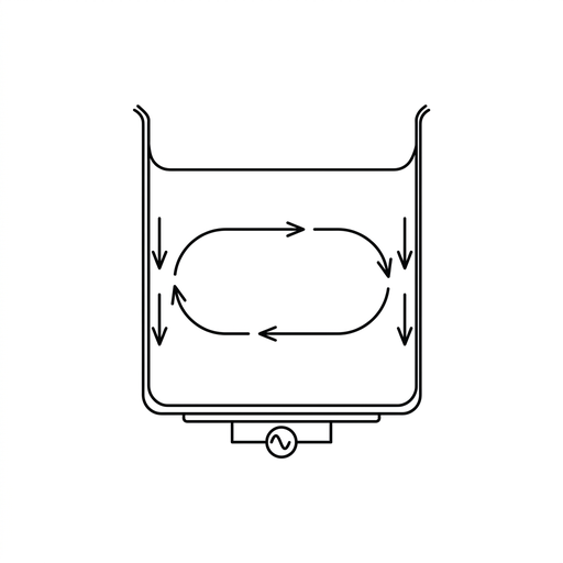 A simple cross-section of a beaker containing water with a small heater centred under the base. Draw arrows in the water forming a single horizontal loop mainly around the middle height of the water, with little or no upward motion above the heater and little or no downward motion at the sides. Use the same line weight and arrow style as the other options.