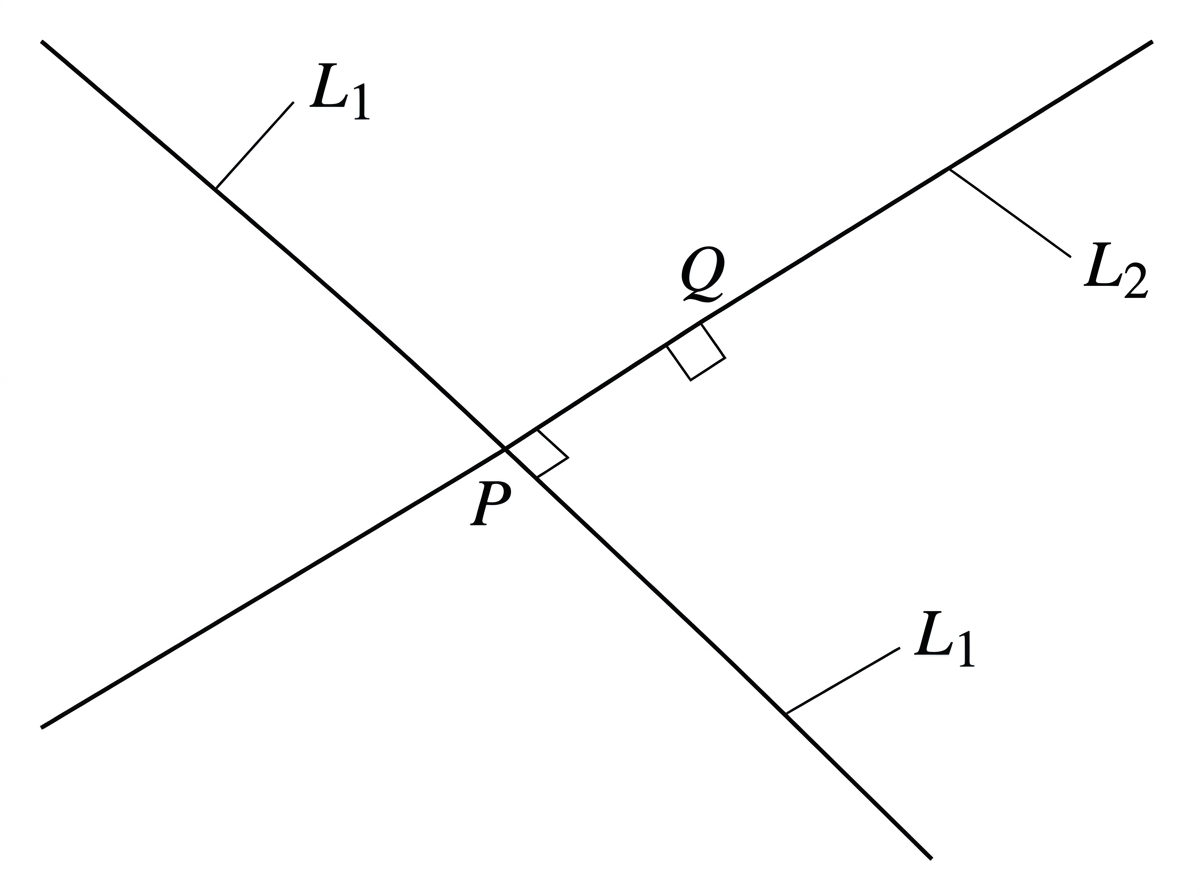 A 3D sketch of two non-parallel cables labelled L1 and L2 with a short segment drawn between them at right angles to both cables. No coordinates or parameter values are shown.