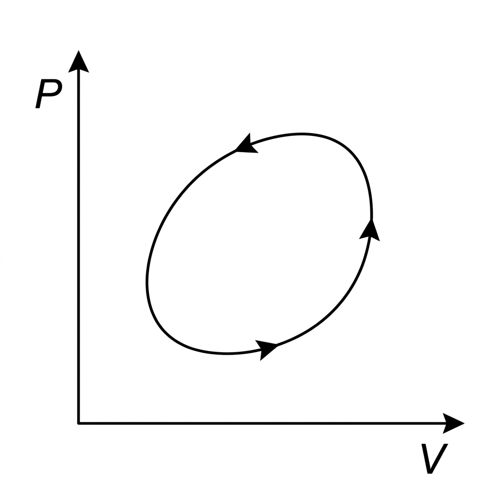 P–V axes showing an anticlockwise closed loop with arrows and no numerical scale.