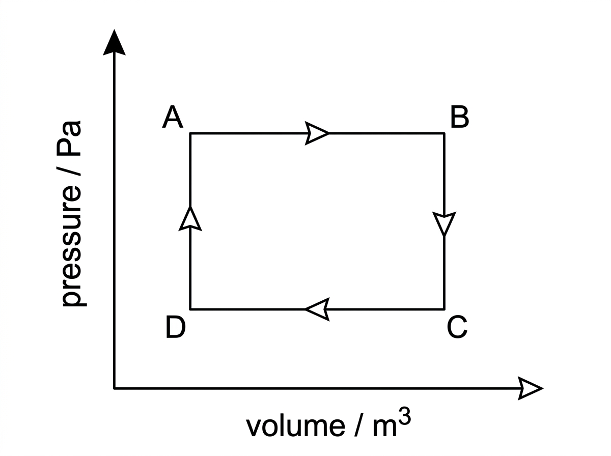 A pressure–volume diagram showing a rectangular cycle labelled A, B, C and D with A→B a horizontal expansion at higher pressure, B→C vertical decrease in pressure, C→D horizontal compression at lower pressure, and D→A vertical increase in pressure. Axes labelled pressure / Pa and volume / m³.