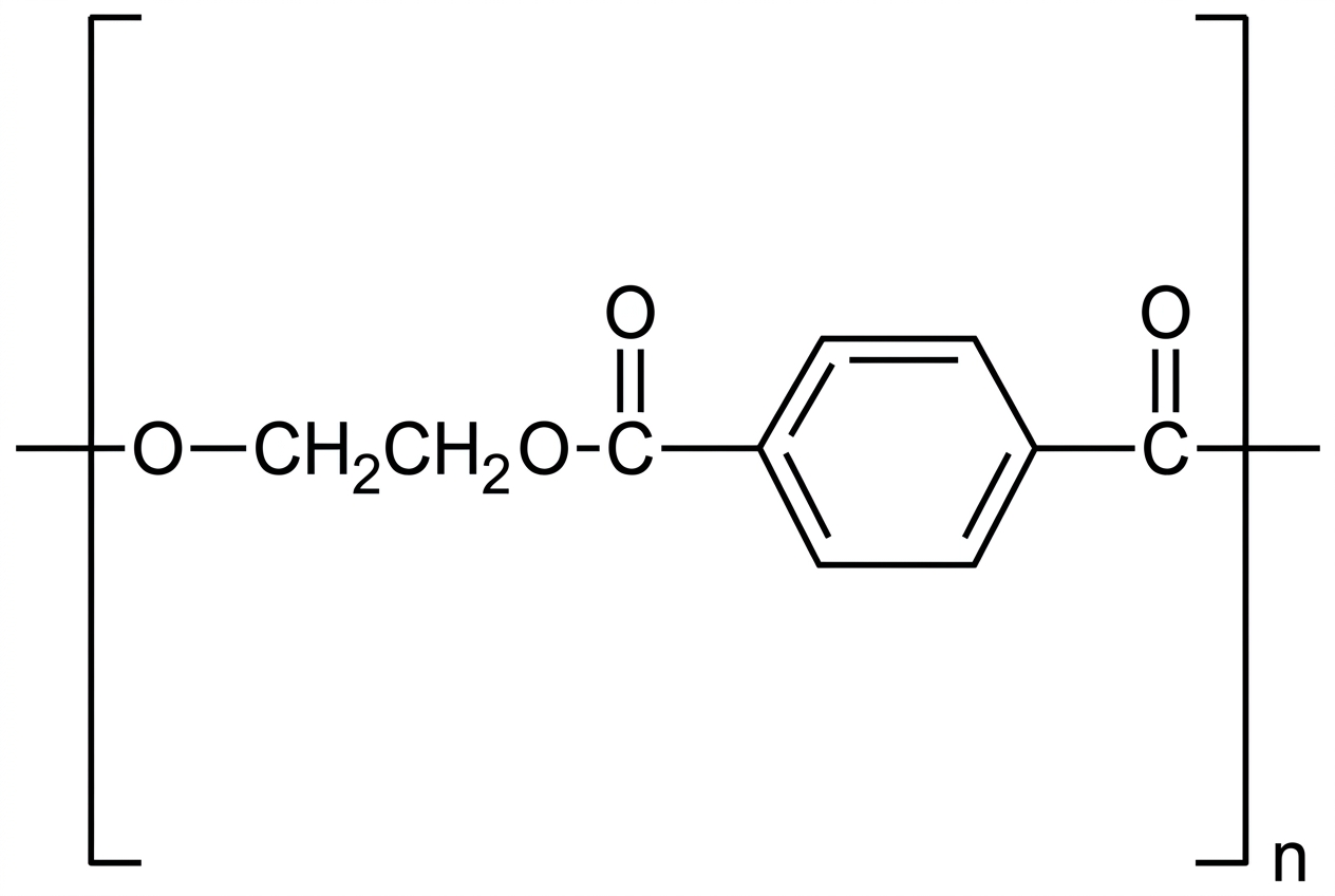 Displayed repeating unit of PET in square brackets with continuation bonds. The unit contains an ethane-1,2-diol residue joined by ester linkages to a benzene-1,4-dicarboxylate residue. The benzene ring is para-disubstituted. No monomer names are shown.