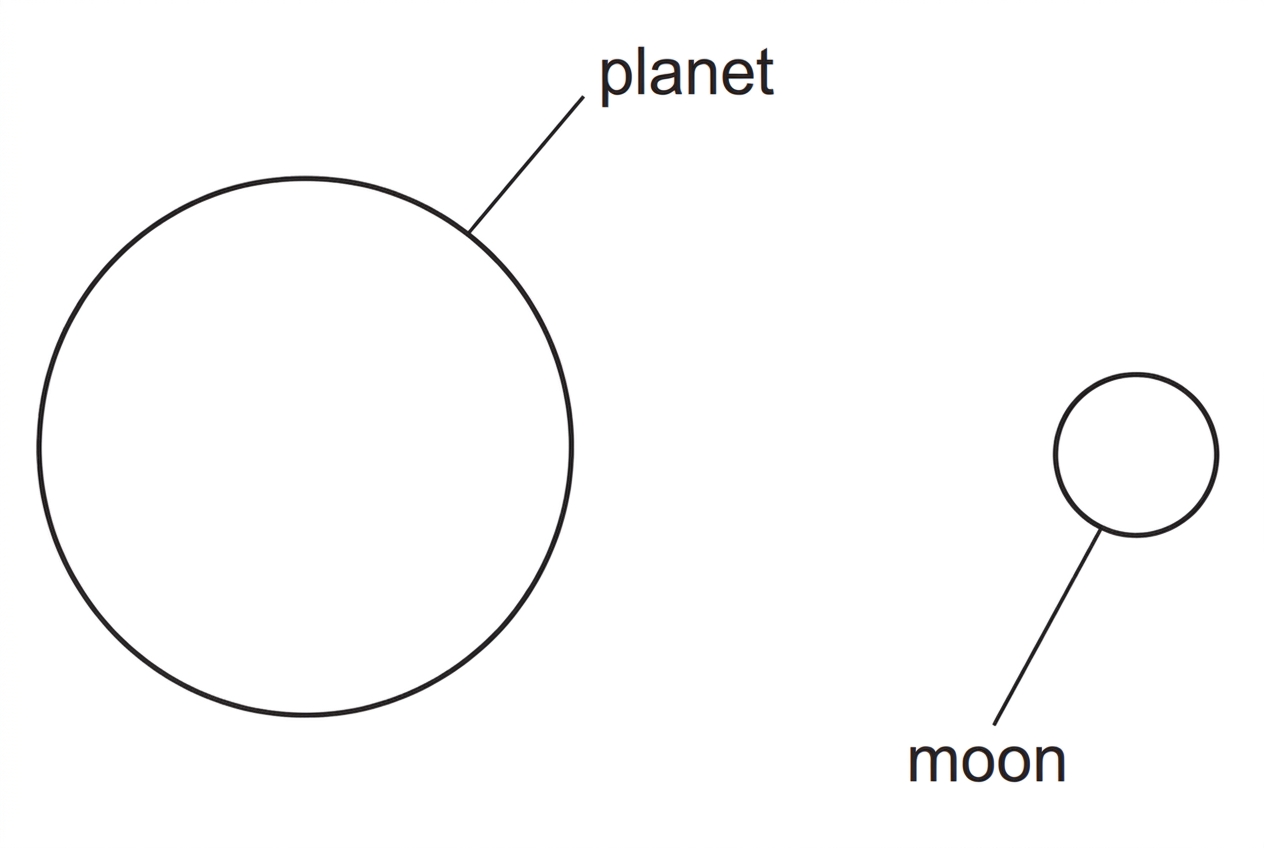 Two separated circles on a white background: a large circle labelled planet and a much smaller circle labelled moon. The bodies are separated horizontally. No field lines are shown in the stimulus.