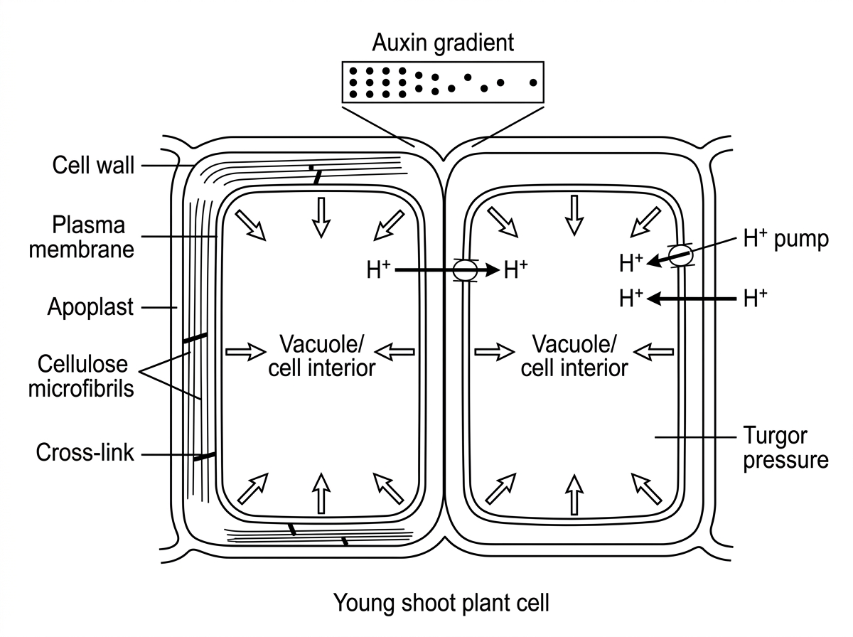 A magnified diagram of two neighbouring plant cells in a shoot, showing the plasma membrane, cell wall/apoplast, cellulose microfibrils with cross-links, hydrogen ion pumps and turgor pressure arrows. It should indicate an auxin gradient across tissue without showing the final curvature.