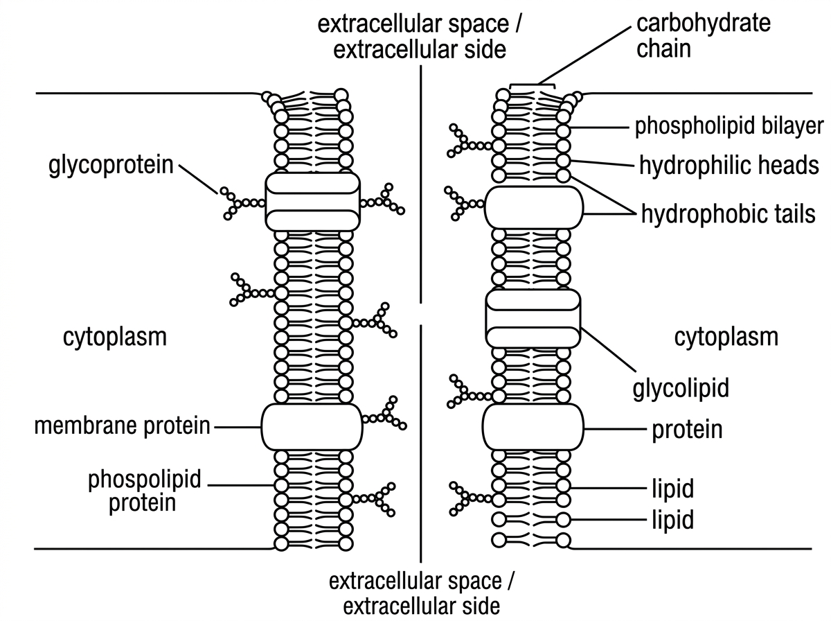 A simplified cross-section of two adjacent epithelial cell plasma membranes. Each membrane shows phospholipids, embedded proteins and extracellular carbohydrate chains. Some carbohydrate chains are attached to proteins and some to lipids. Neighbouring cells are close together with surface carbohydrates and membrane proteins facing the extracellular space. The cytoplasmic side is clearly distinguished from the extracellular side.