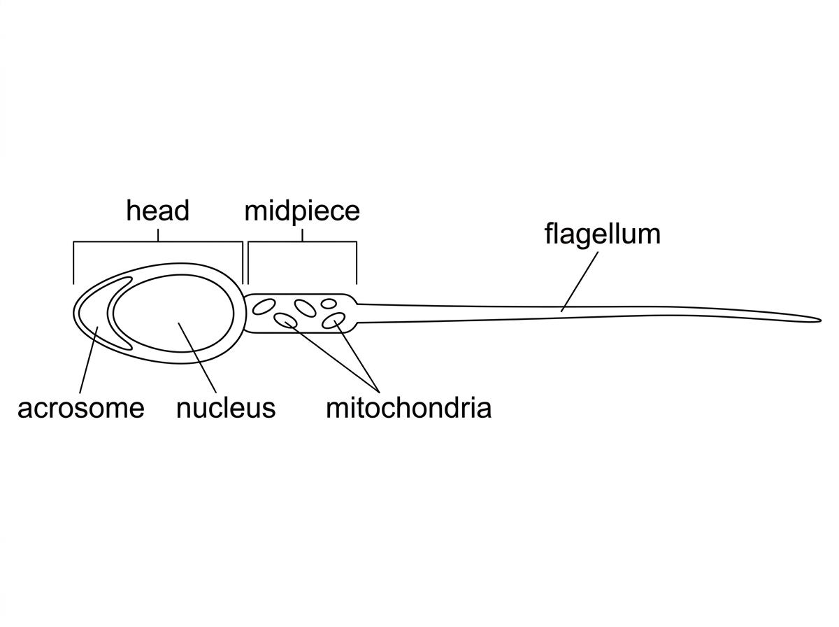 A labelled diagram of a human sperm cell showing head, compact nucleus, acrosome, midpiece with mitochondria, and flagellum. The diagram should show shape and position of structures but not explain their functions.