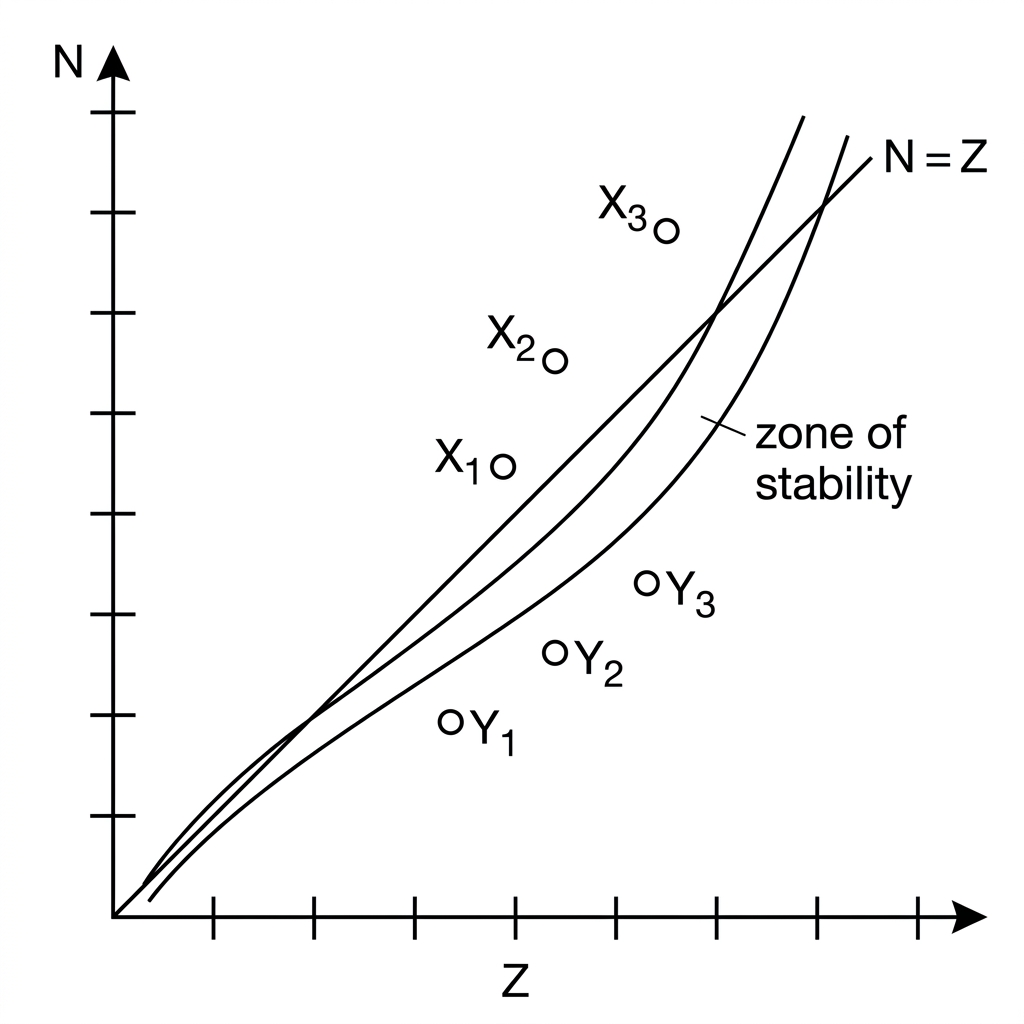 A neutron-number versus proton-number plot with a curved zone of stability and labelled example nuclides placed above and below the zone; axes labelled N and Z, with the N=Z reference line included.