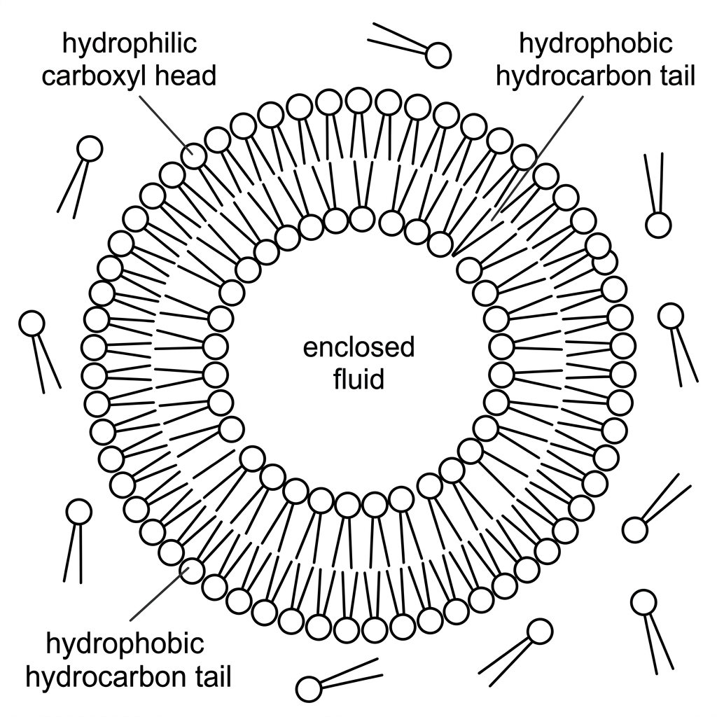 Diagram showing fatty acid molecules with hydrophilic carboxyl heads and hydrophobic hydrocarbon tails arranging into a spherical bilayer vesicle enclosing fluid.