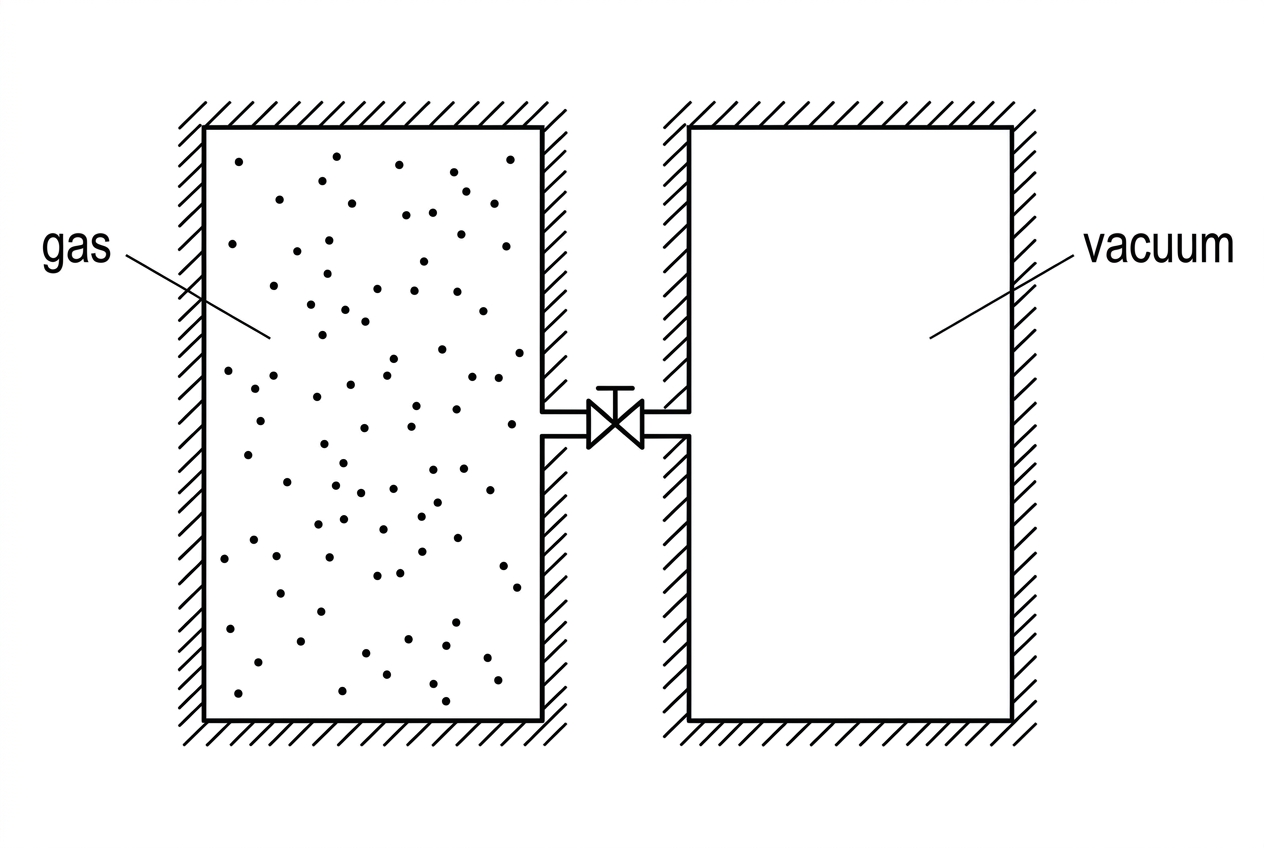 Two identical rigid containers connected by a short tube with a valve. The left container is labelled gas and the right container is labelled vacuum. The walls are indicated as insulated.
