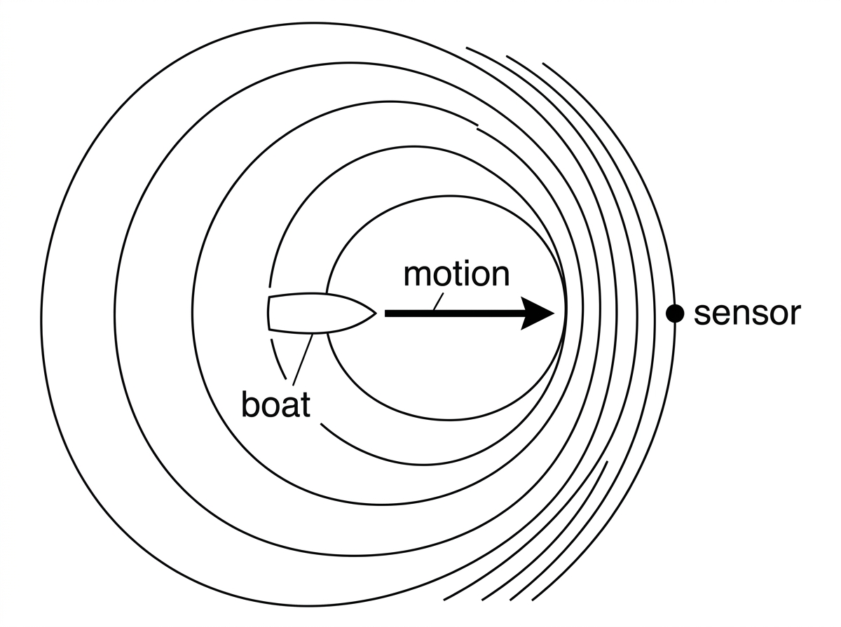 A top-view water-wave diagram. A boat moves in a straight line towards a stationary sensor ahead. Circular wavefronts are compressed ahead of the boat and spread behind it. The water surface is otherwise still.