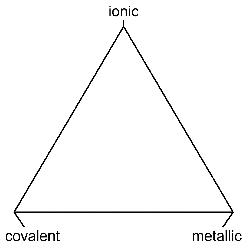 A blank triangular bonding diagram with corners labelled ionic, covalent and metallic. The diagram should include space for students to place or refer to binary compounds, but no plotted substances or shaded regions.